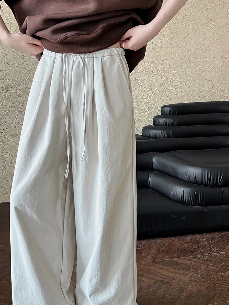 [EAM] High Elastic Waist Apricot Drawstring Long Wide Leg Pants New Trousers Women Fashion Tide Spring Autumn 2024 1DH7670