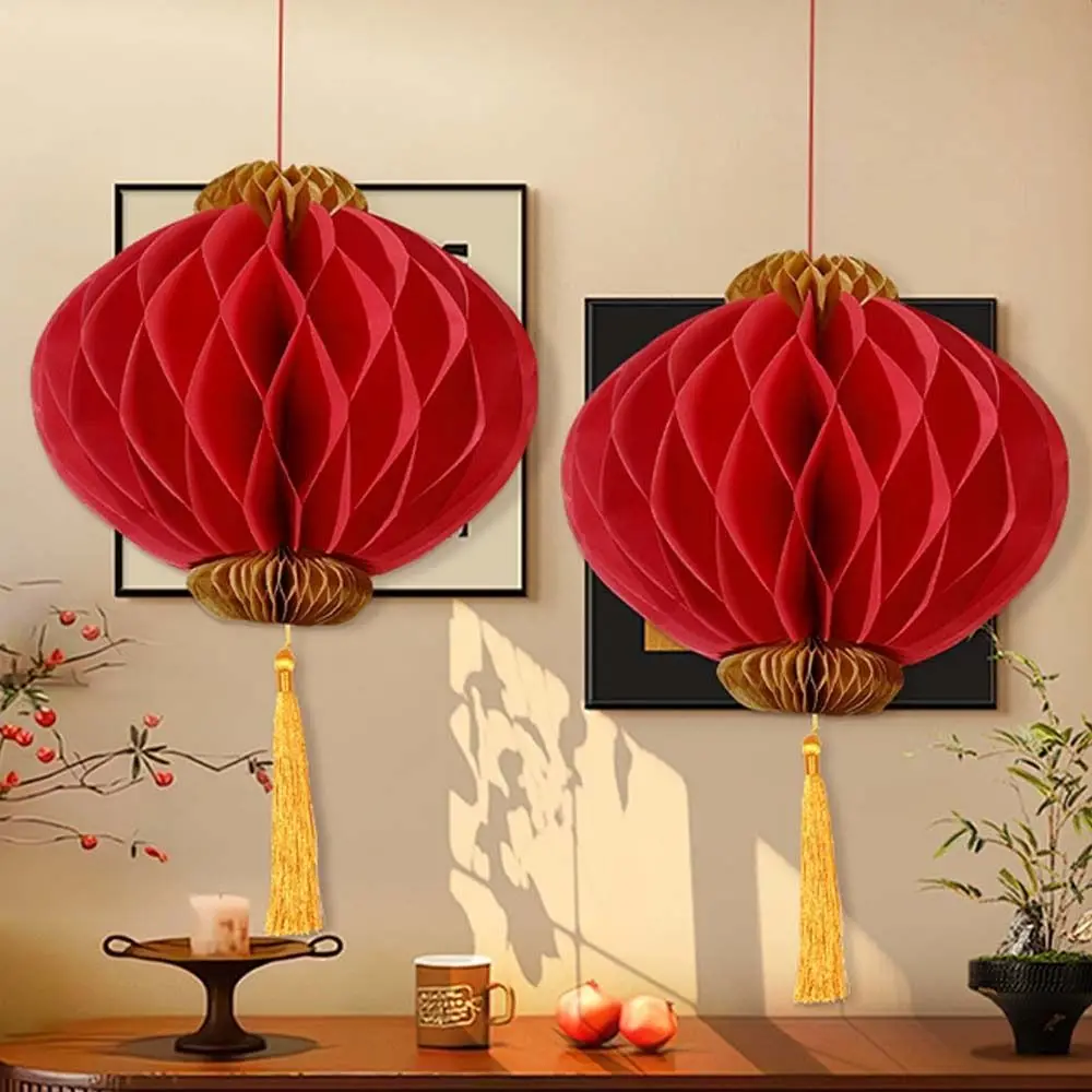 Red Paper Honeycomb Ball Lantern Blessing Traditional Chinese New Year Lanterns Good Luck with Tassels Spring Festival Supplies