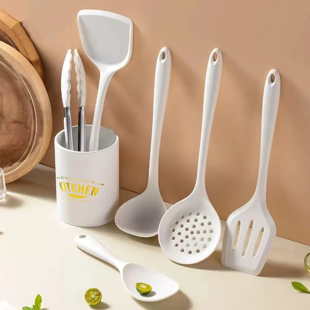 6PCS Silicone Kitchenware Non-Stick Cookware Kitchen Utensils Set Spatula Shovel Spoon Cooking Tool Set Withl Storage Bucket Too