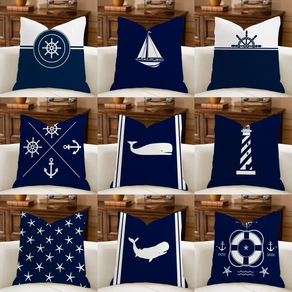 Home decor compass anchor Cushion Cover Natural Breathable Durable Linen Printed Decor Pillow Case Sofa Bedroom