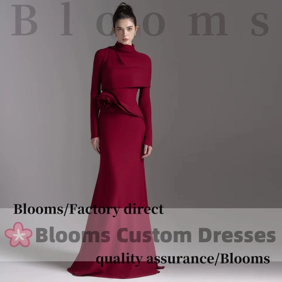 

Customized High Collar Ruched Flower Simple Women's Evening Dresses Long Sleeves Formal Gown Elegant Party Dresses