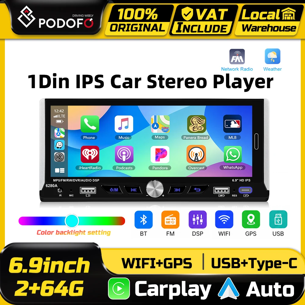 Podofo 2+64G 6,9-Zoll Autoradio Kabelloses CarPlay Android Auto Intelligentes Fahrzeugsystem GPS-Navigation FM RDS Stereo EQ Mirror Link Split Screen