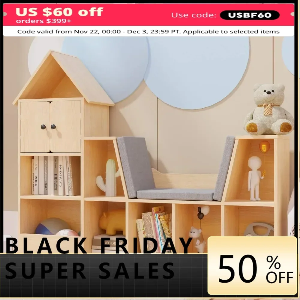 56.9 Wooden Kids Bookshelf with Reading Nook, Kids Bookcase with Detachable Cushions,Toy Storage Organizer with 9 Cubes