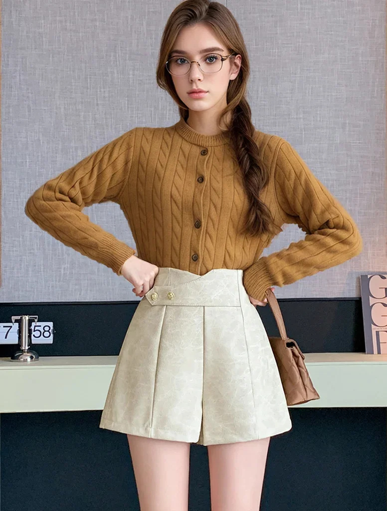 

Pop New Arrivals Winter Irregular Pu Leather Short Pants Women High Waist Casual Wide Leg Shorts For Boots Beige