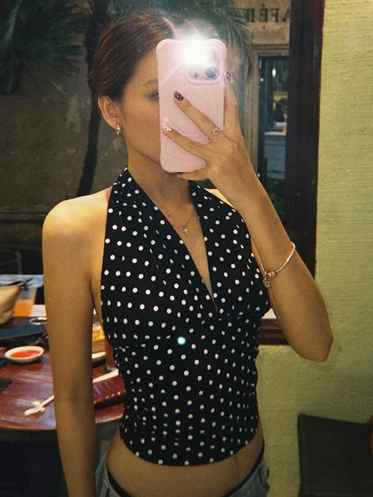 

Dot Printed Halter Top Neck-mounted Cute Crop Top Women Streetwear Backless Ropa Mujer Short Y2k Clothes Slim Fit Camison Verano