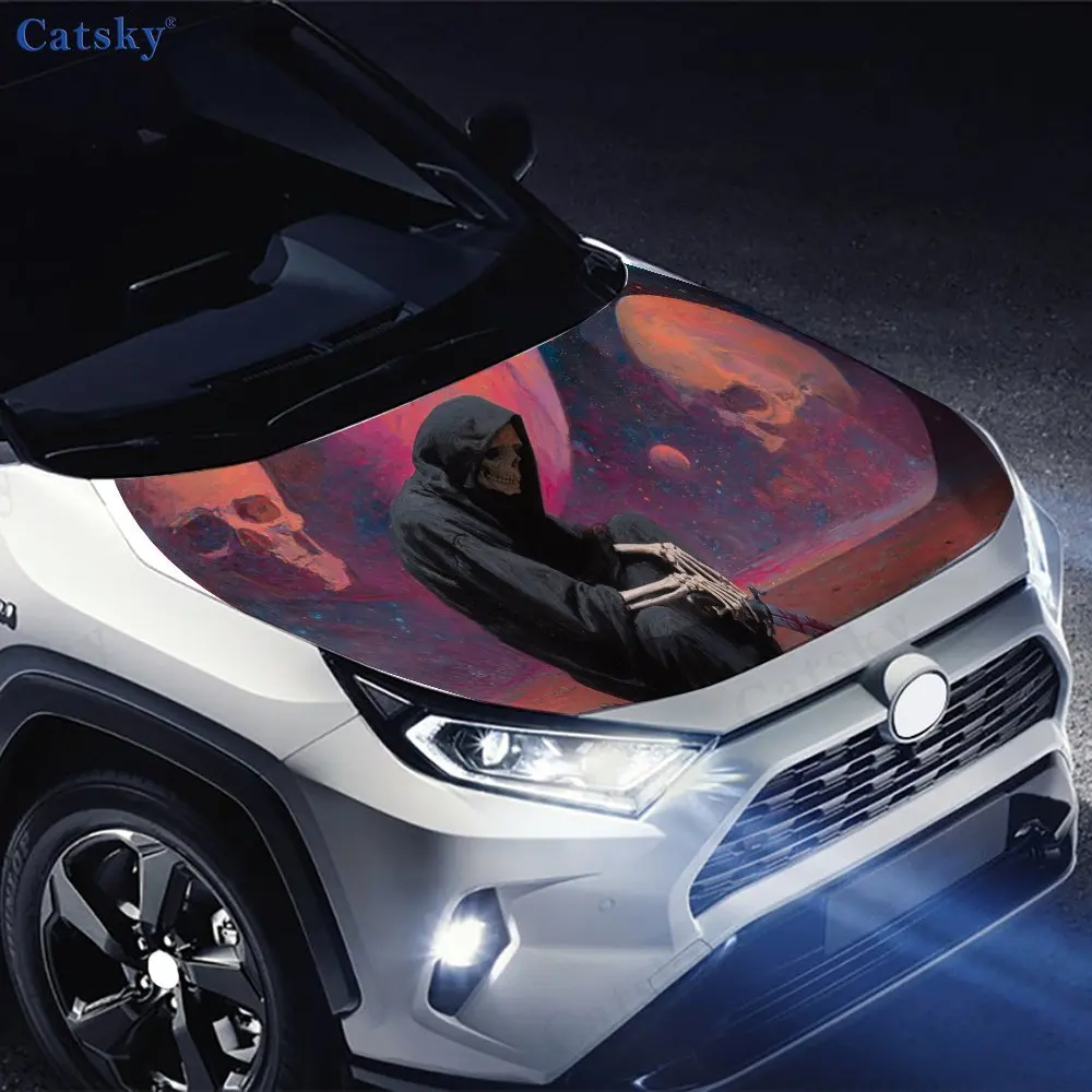 Naklejka na maskę samochodu z motywem magicznej planety szkieletów, wodoodporna naklejka samoprzylepna z PVC, dekoracja i ochrona maski samochodu.