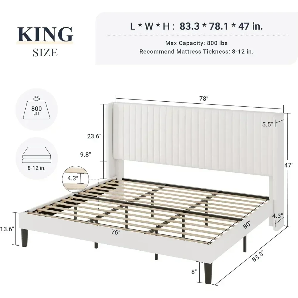 Bed Bases,King Size Velvet Bed Frame/Vertical Channel Tufted Wingback Headboard/No Box Spring Needed Platform Bed Bases image 5