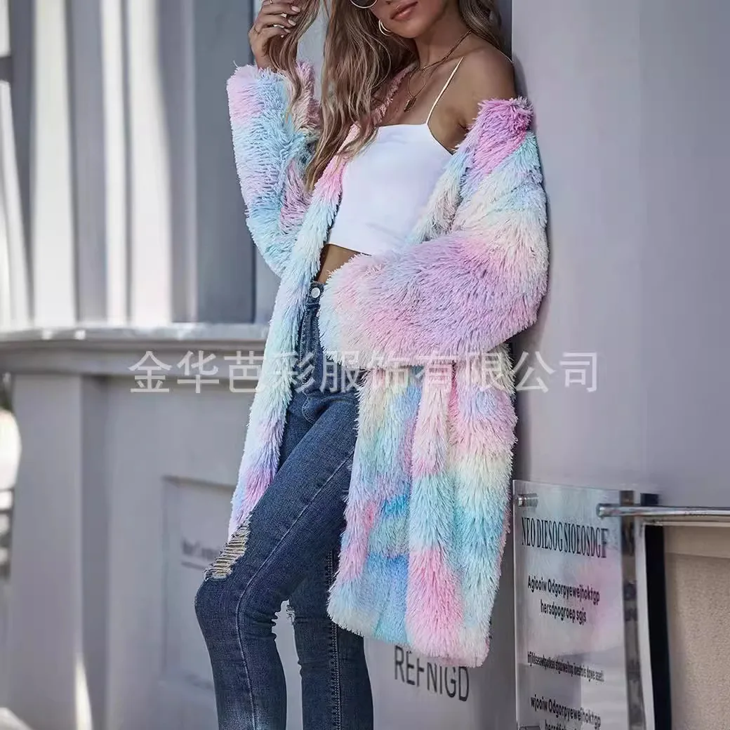 Faux Fur Jackets Women Mid Length Coat Autumn Winter Fluffy Shaggy Thick Warm Print Overcoat Open Stitch Outerwear High Street