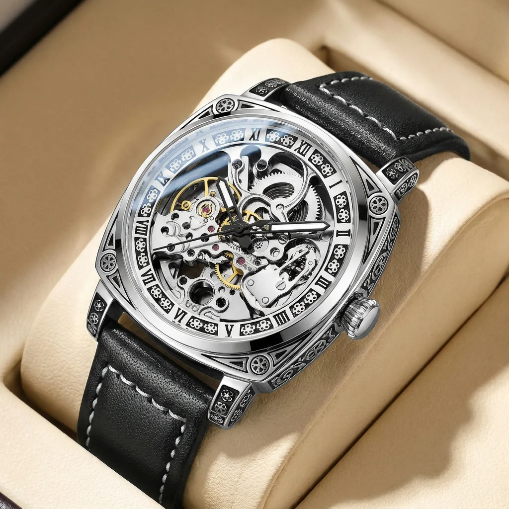 

1pcs Men's silver dial leather strap vintage fashion skeleton gear luxury details Mechanical Watch for daily business party holi