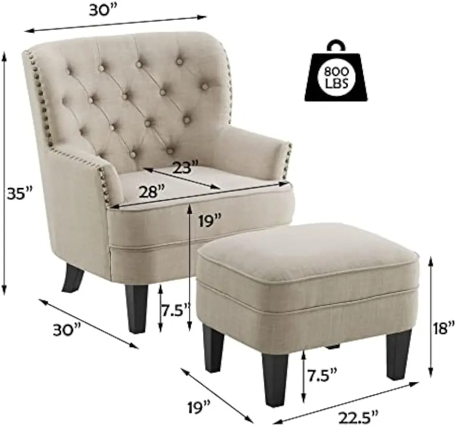 Accent Chair Ottoman Set Button Tufted Armchair Living Room Bedroom Reading Mid Century Modern Lounge Chair Beige