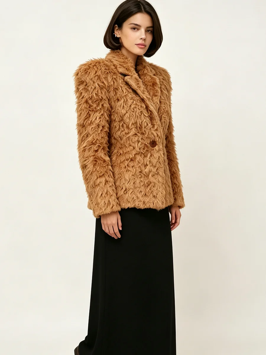 LIMO Women  Shaggy Faux Fur  Shoulder Pads Notched Lapel Single Button Retro Chic Winter Ladies  Outerwear