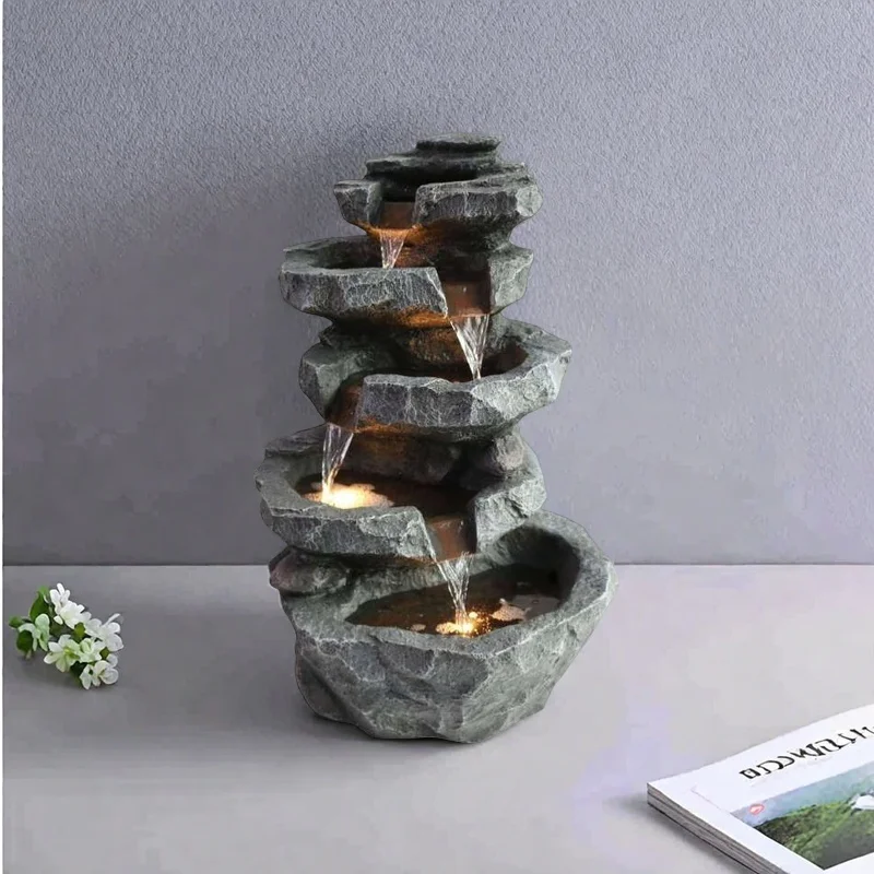 Resin Desktop Indoor Waterfall Fountain Home Decor Tabletop LED Light with Stacked Rocks Artificial Style Waterfall Garden Decor