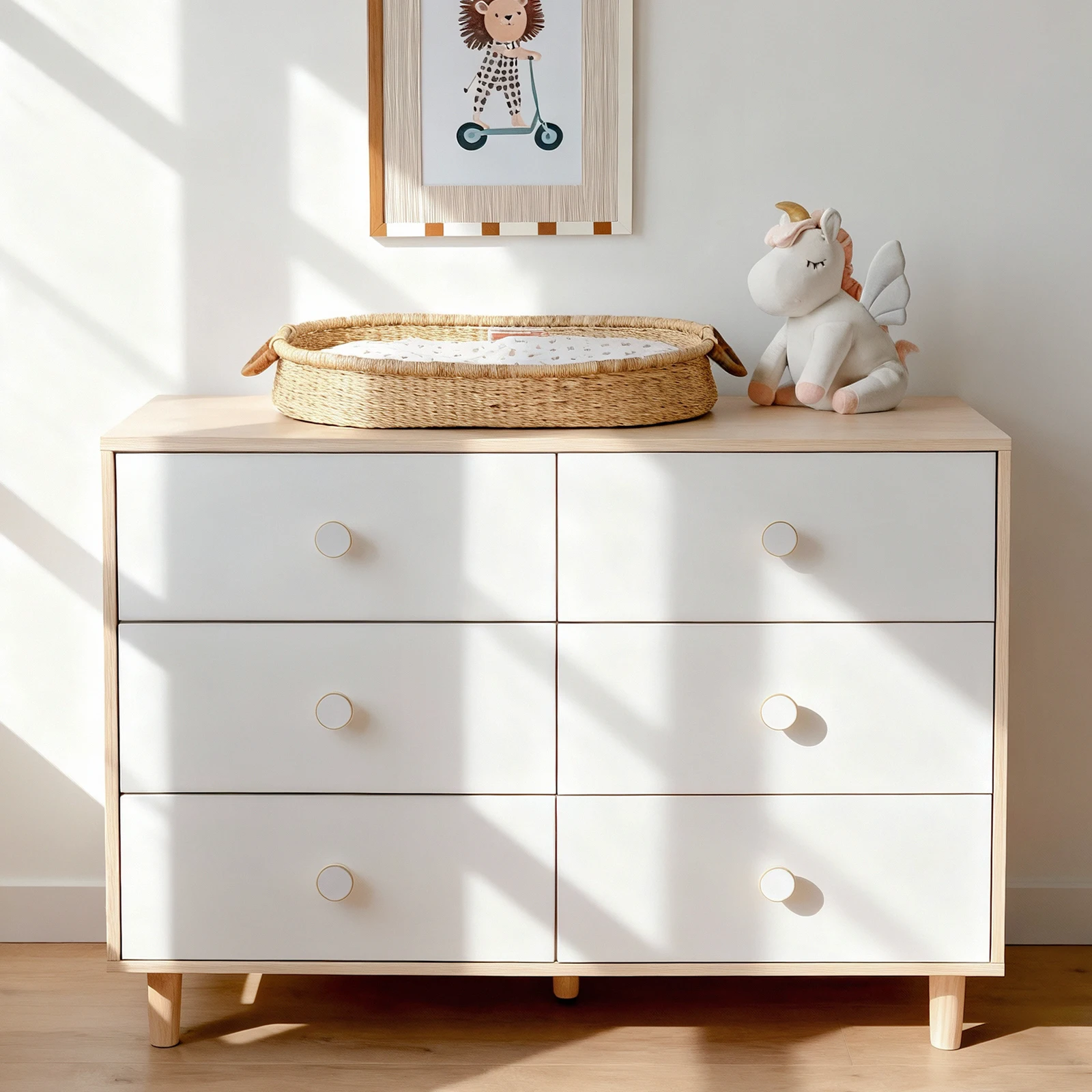 White Dresser for Bedroom, 6 Drawer Dressers with Solid Wood Legs, Baby Dresser for Kids, Storage for Clothes and Baby Essential