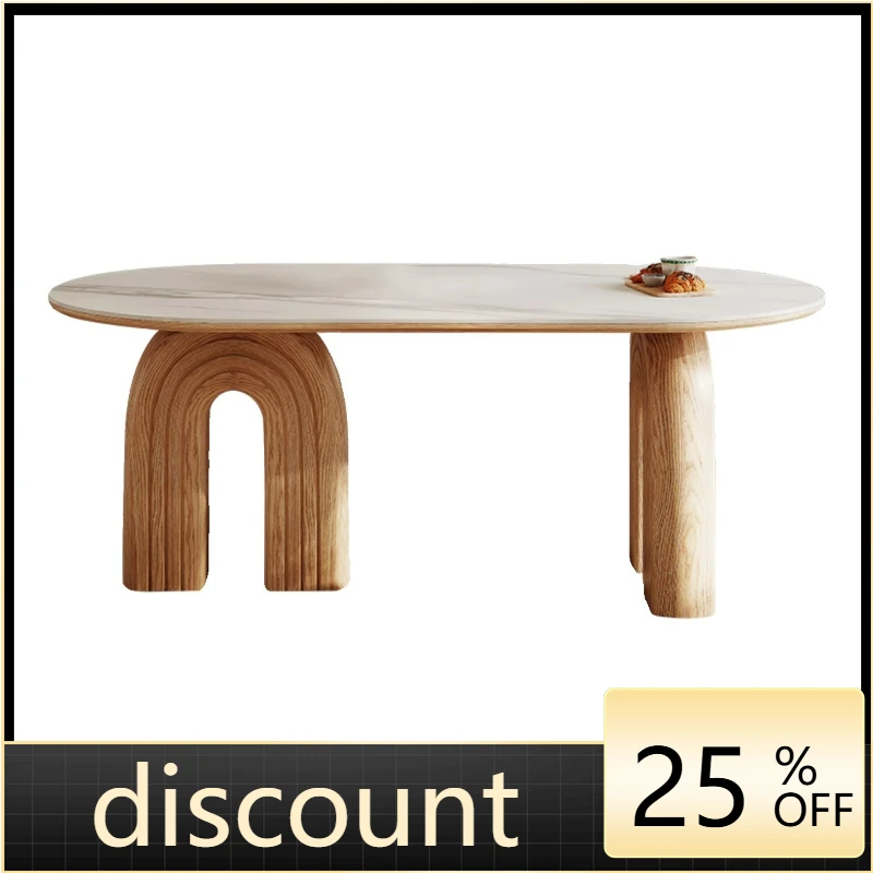 LTT solid wood dining table log style high-end modern simple household oval thickened rock slab table