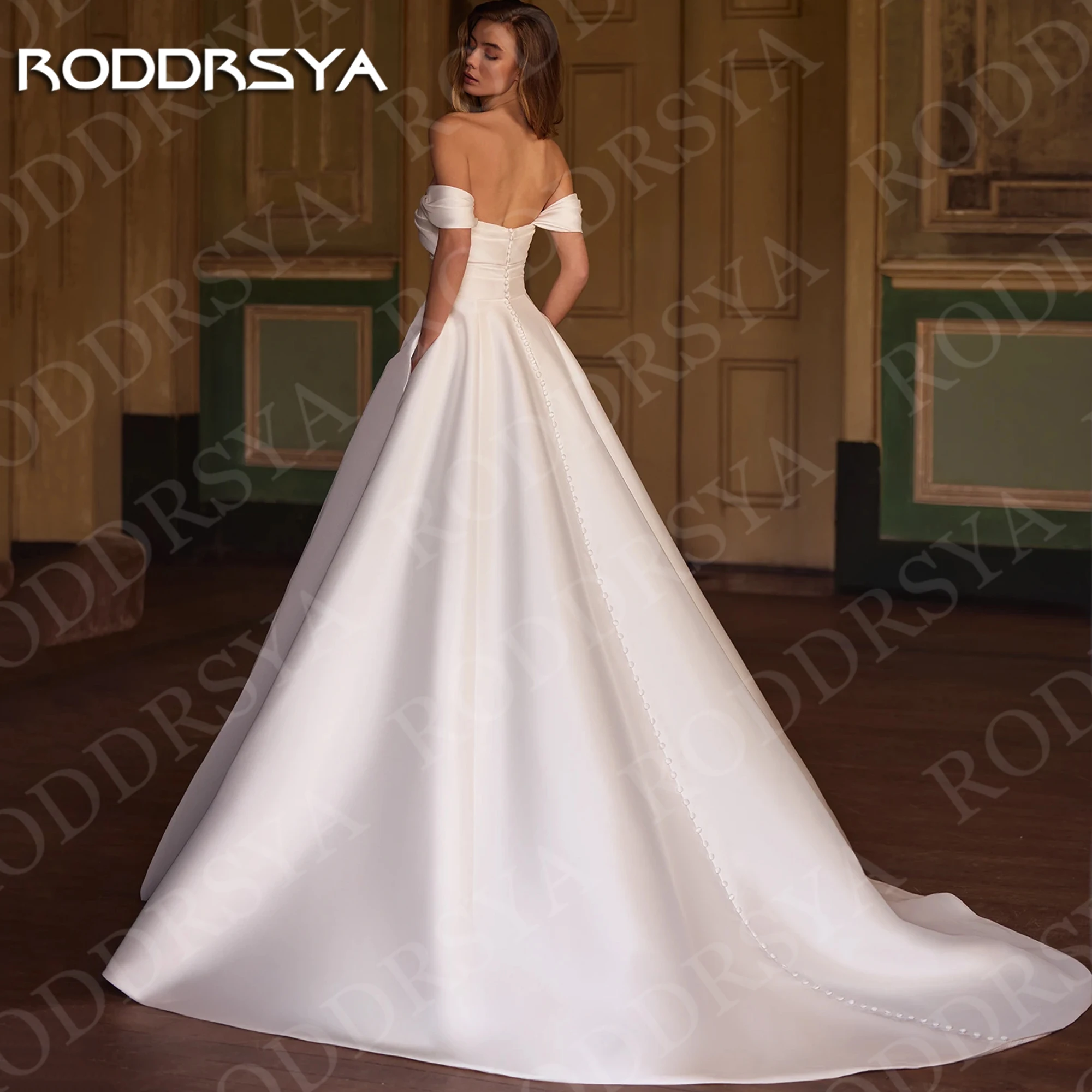 RODDRSYA Elegant Off Shoulder Wedding Dress A Line Classic Sweetheart Neck Satin Bridal Dresses with Pockets Ivory Customized