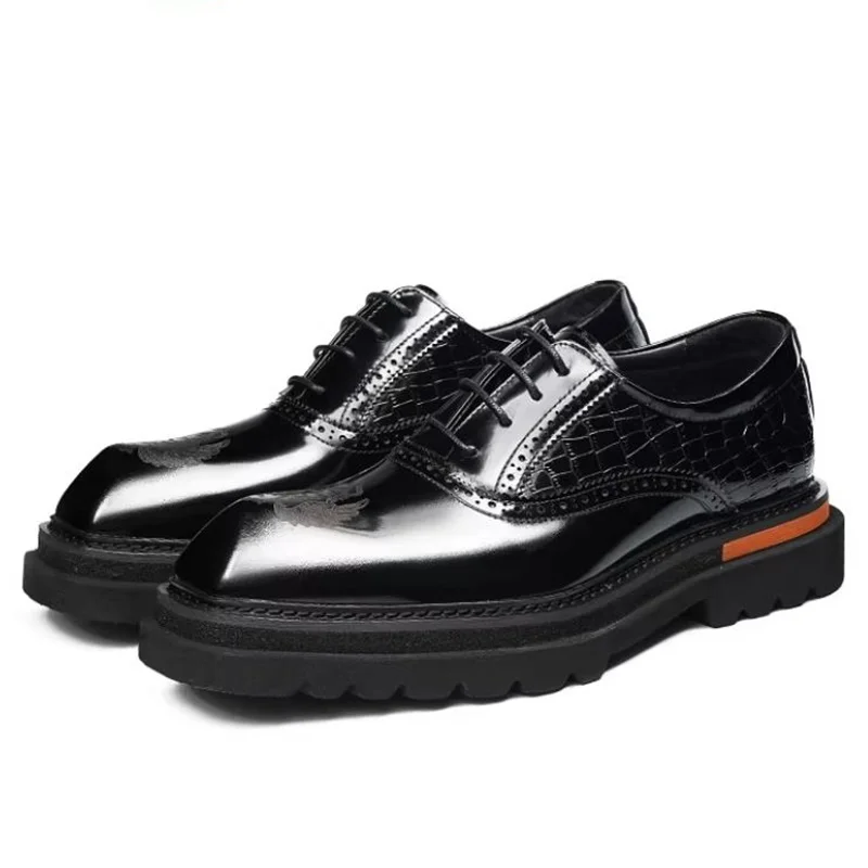 First-layer Cowhide Anti-slip Thick-soled Men Leather Dress shoes Square-toe Lace-up Business Formal Wedding Shoes Derby Shoes