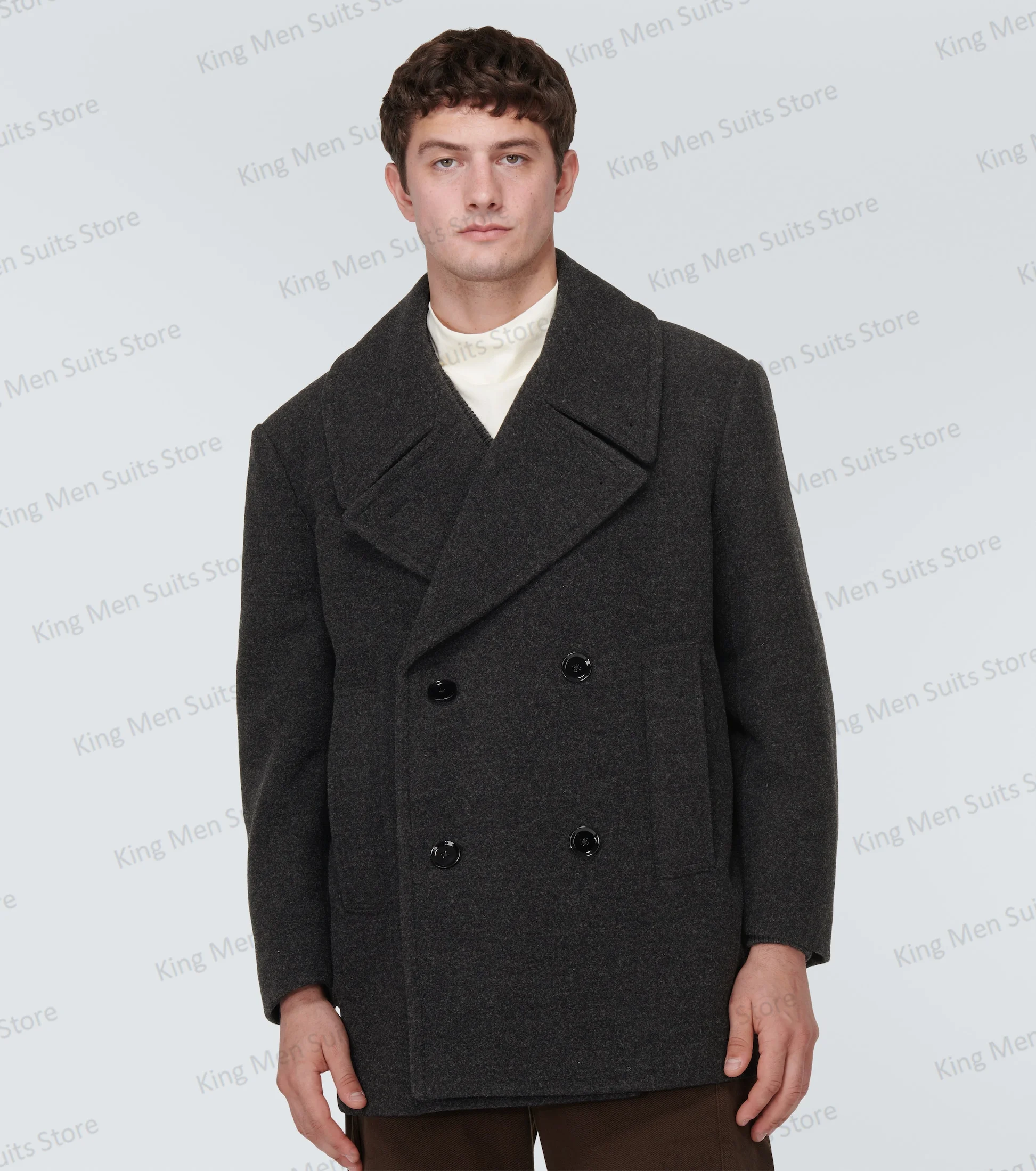 

Dark Grey Woolen Men Overcoat Male Suit 1 Piece Blazer Formal Double Breasted Winter Short Coat Designer Jacket Custom Made