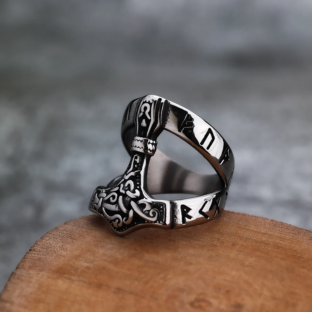 خاتم فايكنغ أودين شخصي للرجال ، الأساطير الشمال ، مطرقة رون ، النمط الأوروبي والأمريكية ، الأزياء والمجوهرات