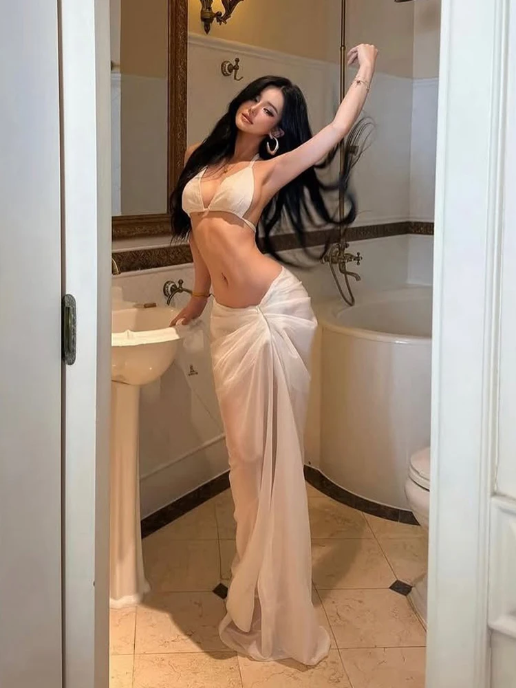 Sisterlinda Elegant Mesh 3-Piece Set Women Halter Solid Bra+Long Tassel Sloping Shoulders Crop Tops+Folds Skirt Vacation Suits