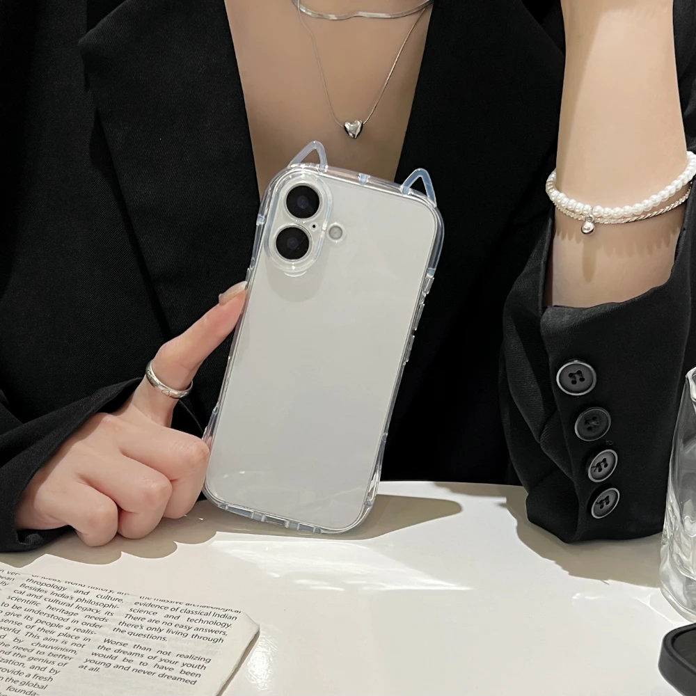 Fashion Clear Cute 3D Cat Ears Phone Case For iPhone 16 15 14 13 12 11 Pro Max 7 8 Plus X XR XS MAX Shockproof Soft TPU Cover