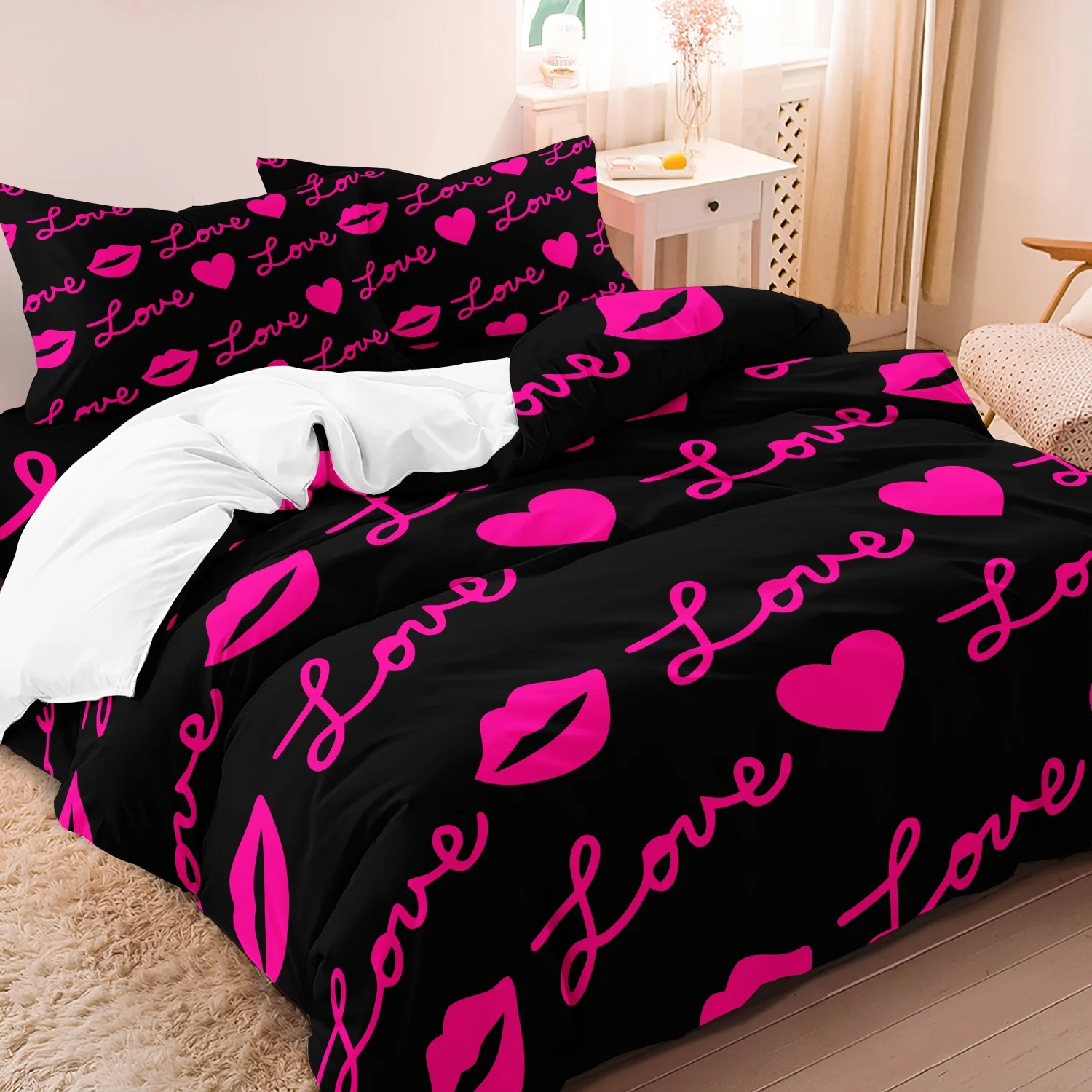  3Pcs Hot Pink Love Heart Lips Print Duvet Cover Set, Black Romantic Pink Lip Love Script Printed Bedding, For Bedroom Decor
