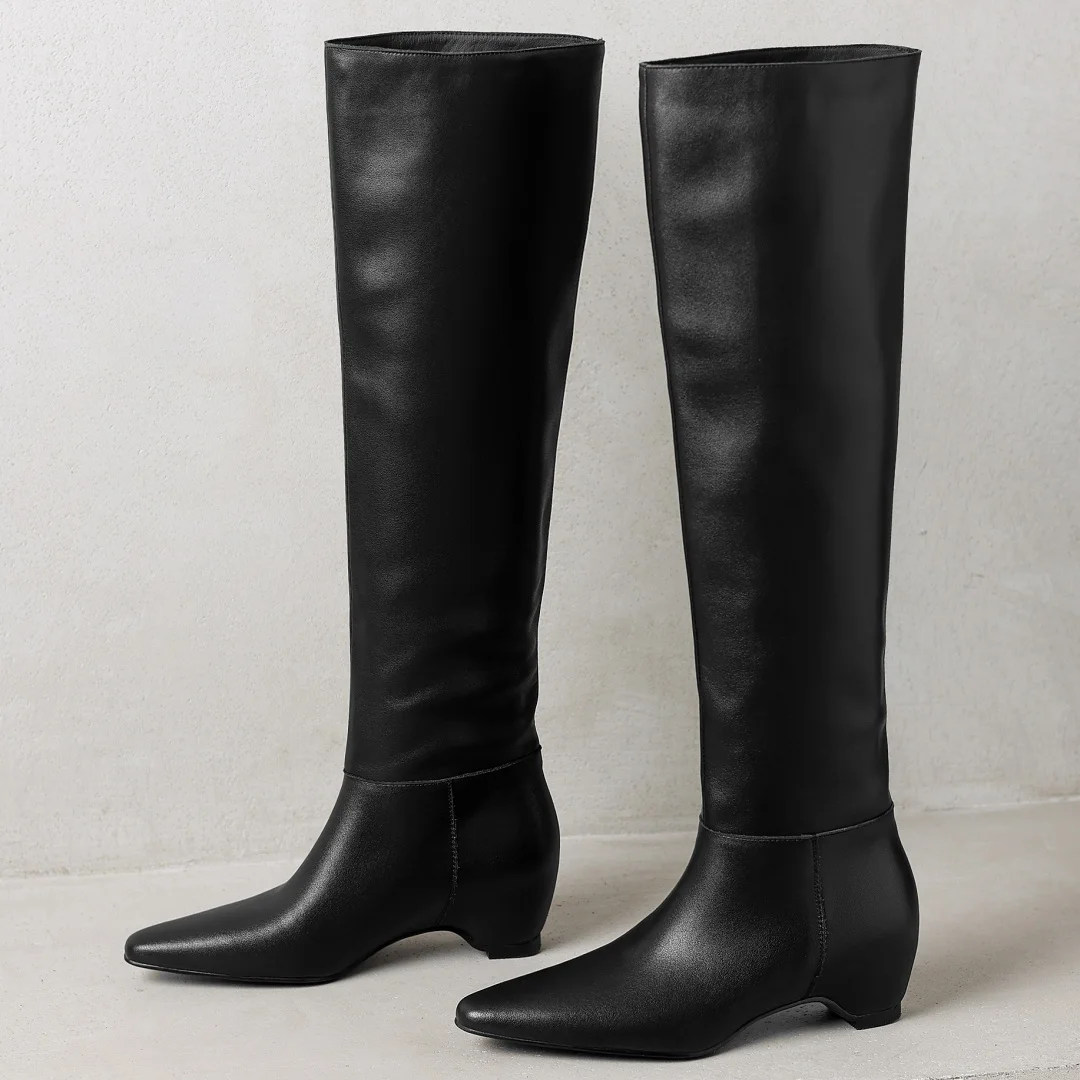 

Women's natural suede leather pointed toe slip-on autumn knee high boots 5.5cm wedge med heel elegant ladies dress long boots 40