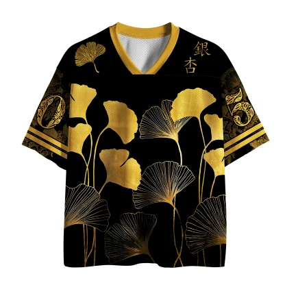 V Neck Mesh Jersey, Vintage Golden Ginkgo Leaf Japanese Kanji Print Short Sleeve Loose Breathable Streetwear Casual Mesh Top