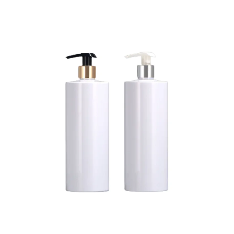 10Pcs Shiny White Plastic Bottle 300ml 500ml Flat Shoulder PET Black White Lotion Pump Gold Silver Collar Refillable Packing