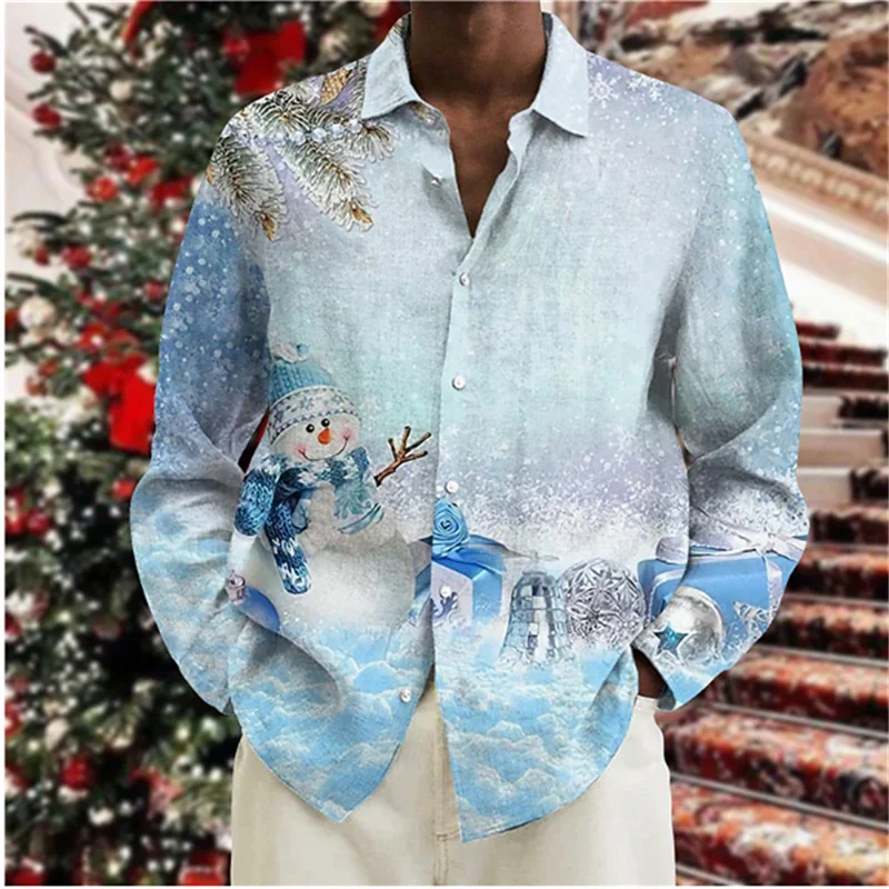 Happy New Year Men\'s Shirt Christmas Party Print Lapel Long Sleeve Shirt All-match Large Size Fashion Personality Shirt