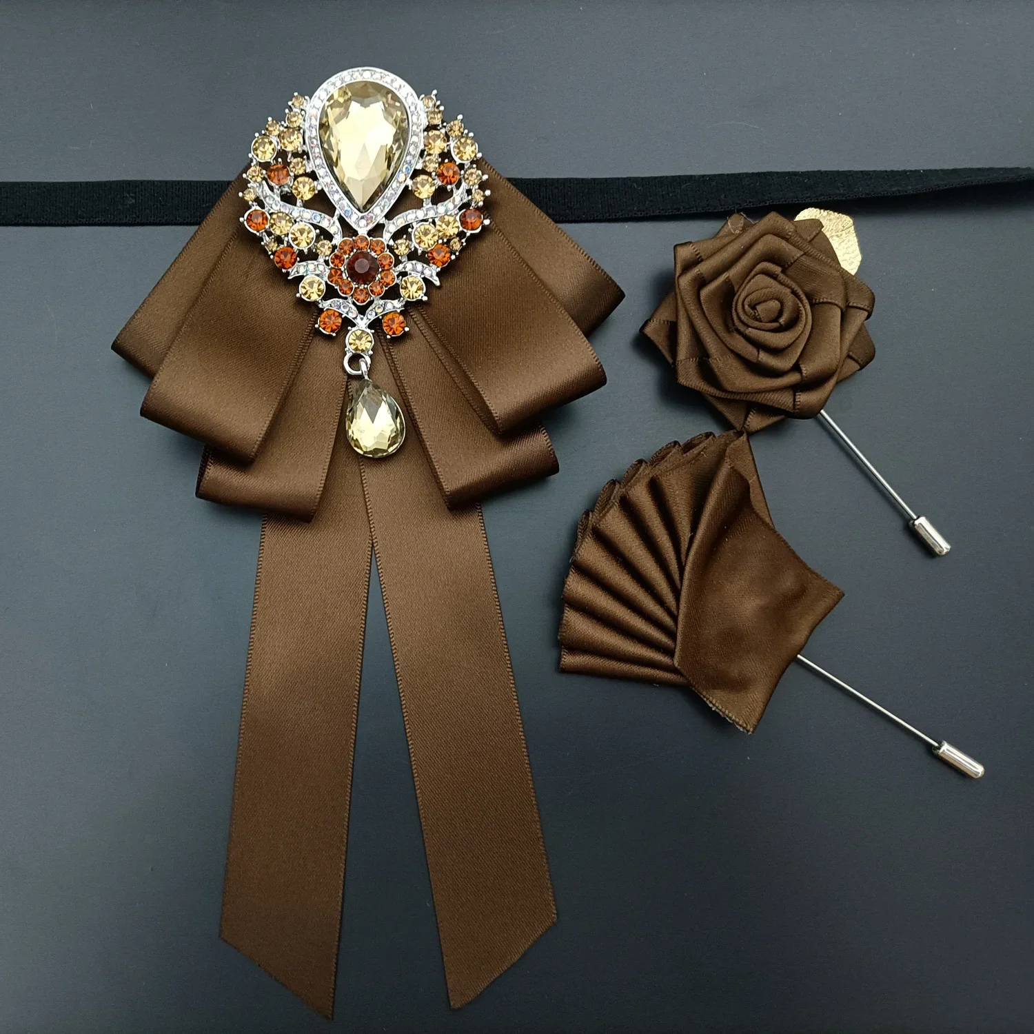 Hochzeit Fliege Brosche Set Mode Herren Kleid Anzug Hemd Zubehör Luxus Strass Kragen Blumen Corsage Tasche Handtuch Sets – Detail 9