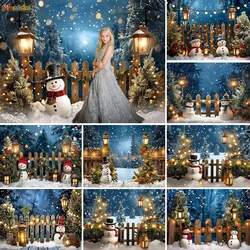 Winter Night Photography Background Snowman Snowy Christmas Tree Forest Lantern Fence Backdrop Kids Art Photo Studio Decor Booth