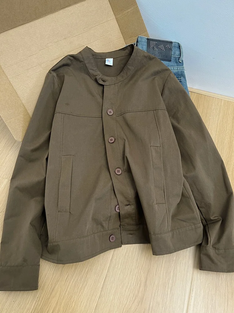 2026 Spring Autumn Vintage Cargo Jacket Women Loose Fit Long Sleeve Tops Korean Luxury O-Neck Single Breasted Casual Outerwear