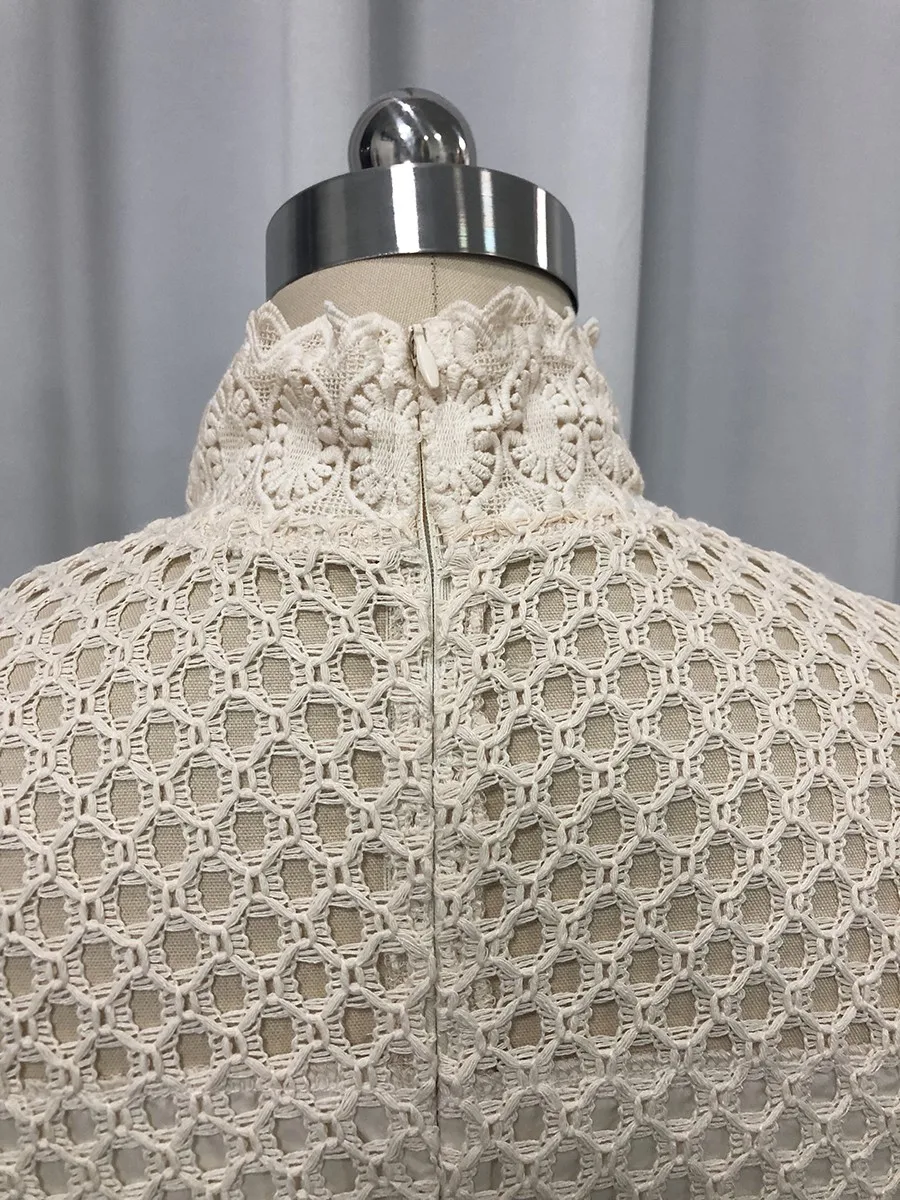 TWOTWINSTYLE Solid Hollow Out Spliced Embroidery Elegant Dresses for Women High Neck Long Sleeves Tunic Casual Dress Female New