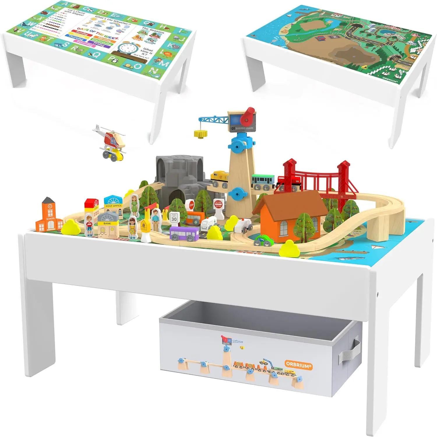 

Train Table 2-in-1 Wooden Train Set & Activity Table - 112 Pcs STEM Toy with Reversible Play & Learning Top, Storage Bin - Ages