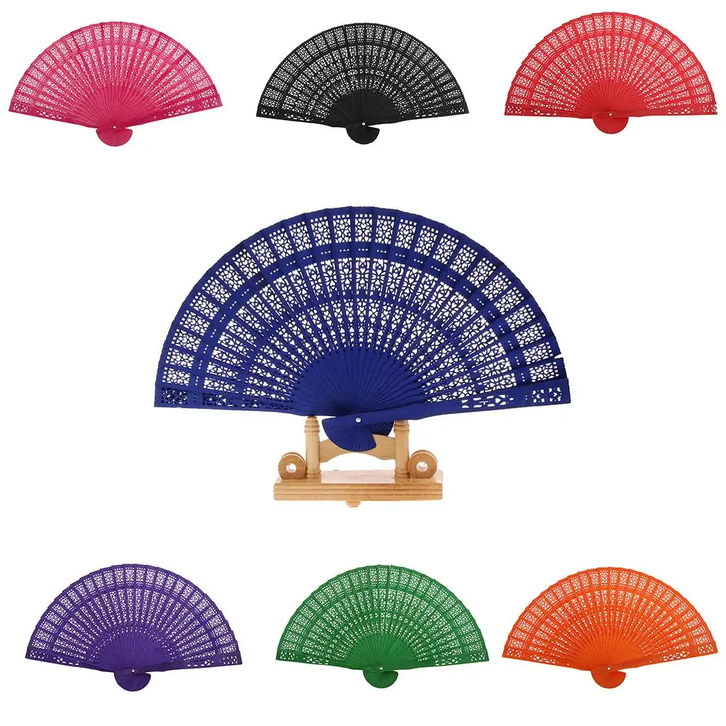 Red Wooden Folding Fan Handheld Carved Hollow Design Decorative Fan for Wedding Garden Party