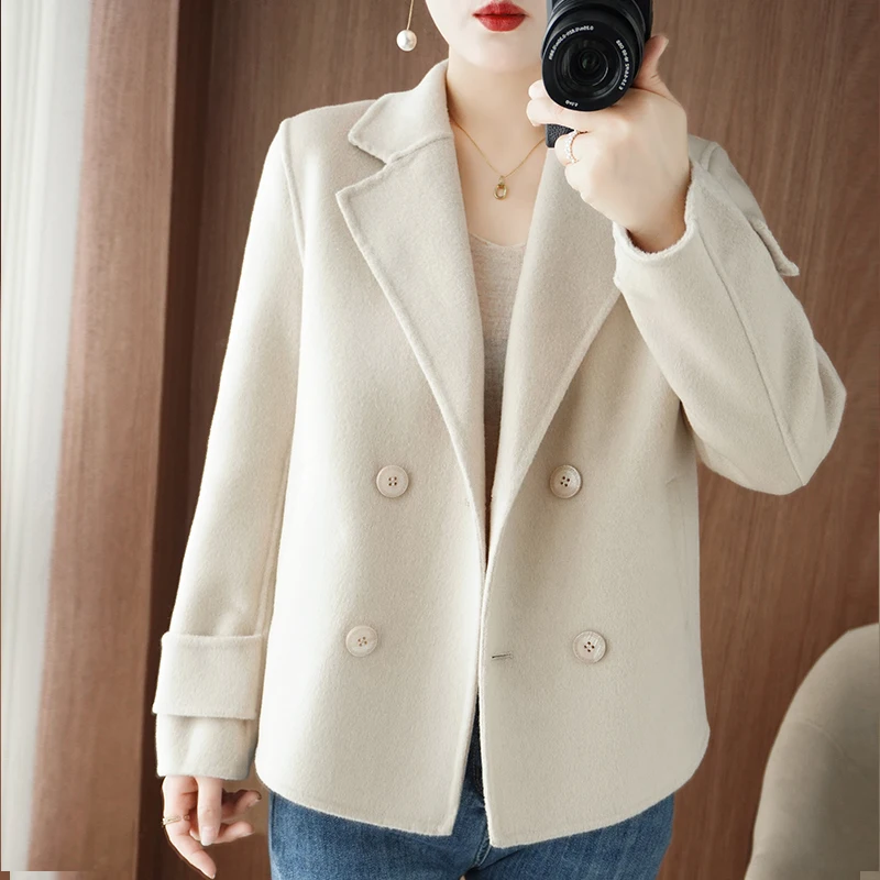 Casaco de lã de alta qualidade feminino duplo breasted primavera outono inverno 100% jaqueta de lã feminino curto outerwear chique versátil topo