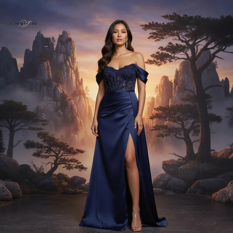 

Элегантное королевское синее вечернее платье с открытыми плечами по индивидуальному заказу, женское вечернее платье без рукавов с разрезом по бокам, вечернее свадебное платье для гостей