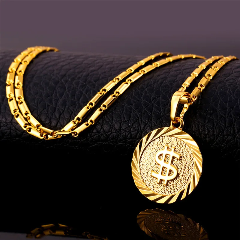 U7 14K Gold color Coin US Dollar Sign Necklace for Women Men 20inches with 2inches Adjustable Chain