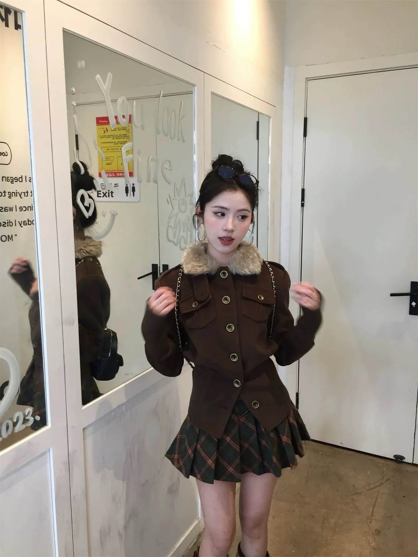 Korean Style Short Coat Women's Autumn Winter Woolen Jacket Stand Collar Fur Collar Button up Long Sleeve Standard Fit Outerwear