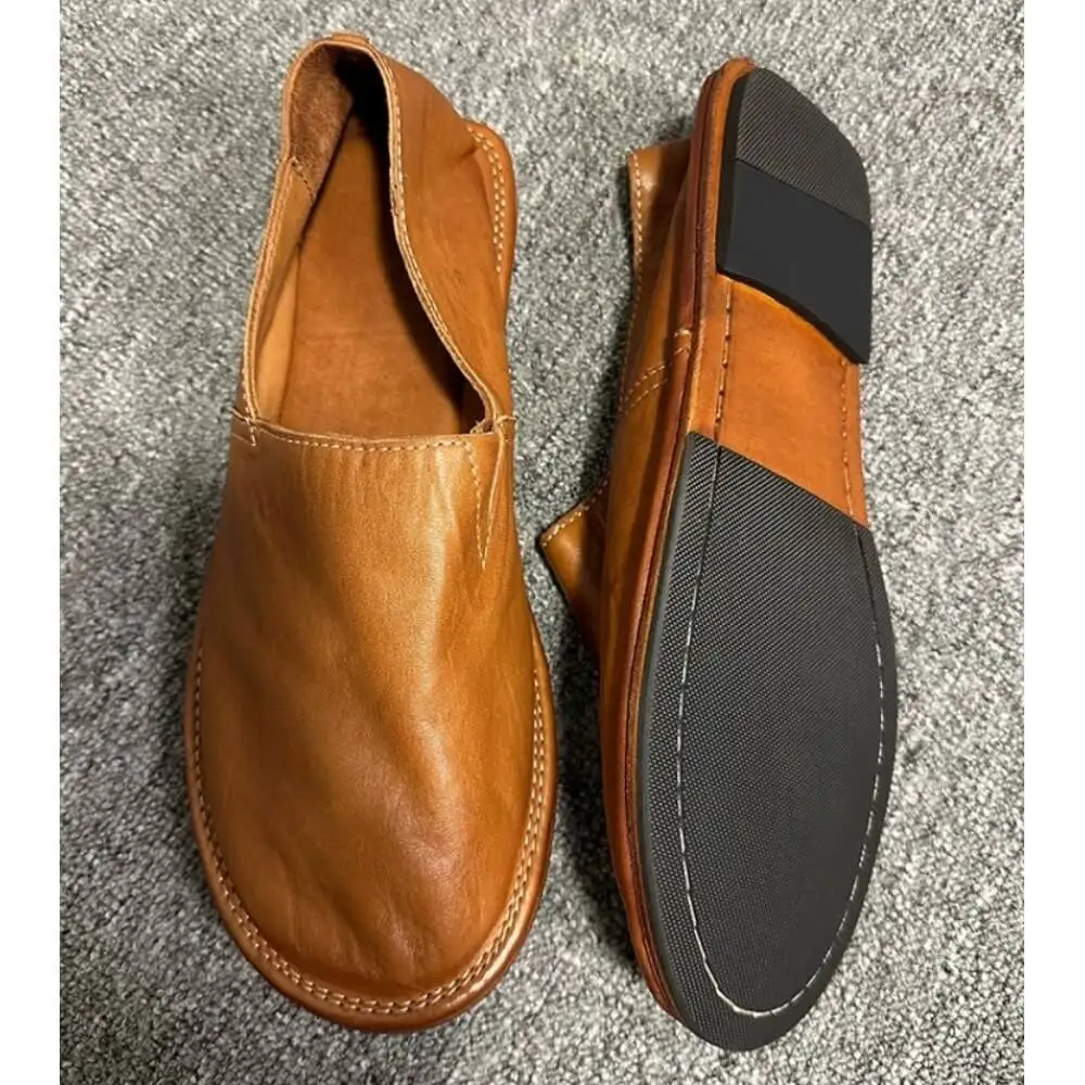 Caramel Brown Vintage Leather Slip-On Loafers, with Foldable Heel and Non-Slip Sole, Stylish and Comfortable