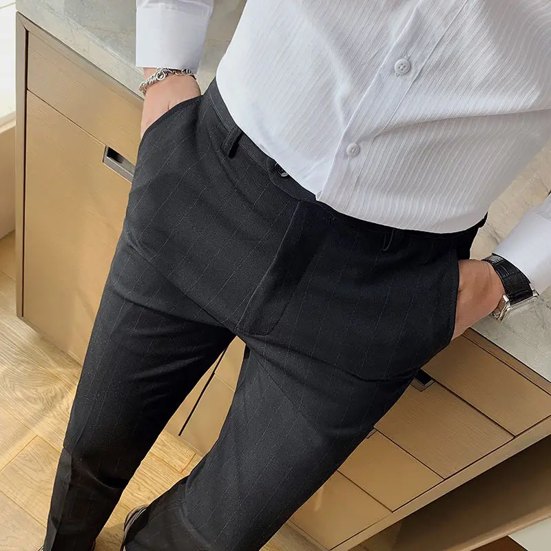 2022 Spring New Men\'s Striped Trousers Stretch Feet Casual Pants Dark Gray High-quality Formal Suit Pants Pantalones Hombre