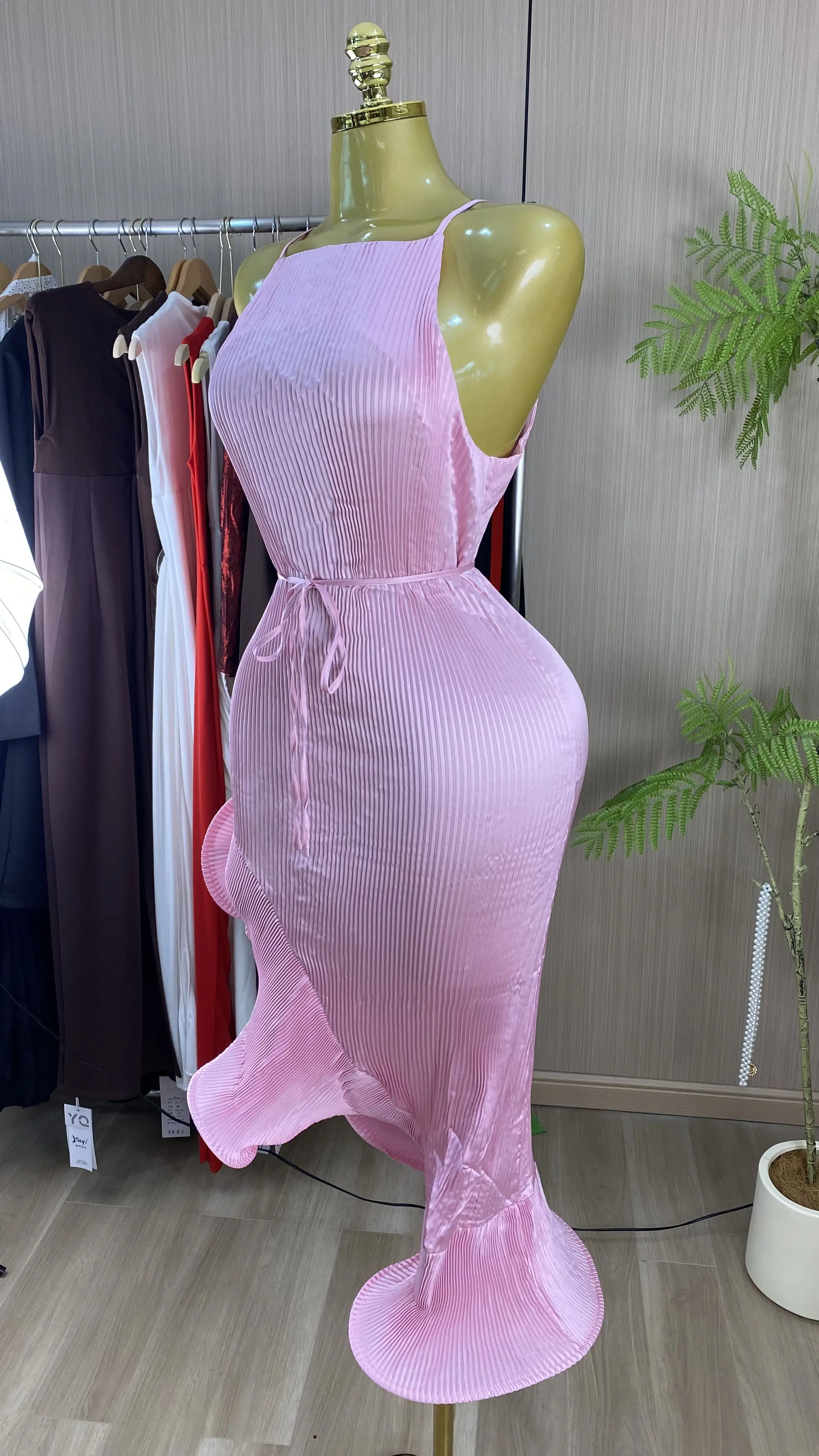 Women's New Sexy Sleeveless Fitted Summer Dress with Irregular Ruffles and Tie-Front Detail-GZXX962