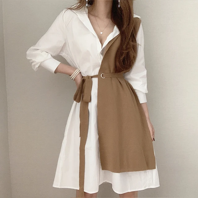 Koreańskie modne sukienki 2025 Odzież damska Elegancka i szykowna sukienka Color Block Design Sukienka z paskiem Patchwork Casual Shirt Dress