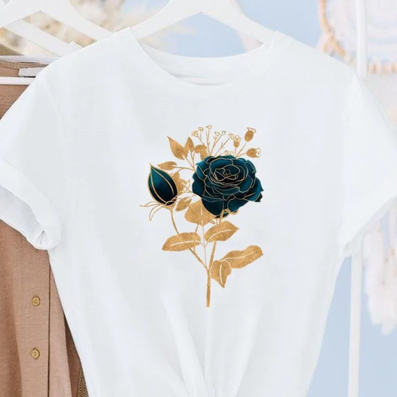 ملابس نسائية عصرية مطبوعة بالزهور، تي شيرت برقبة دائرية وأكمام قصيرة، تي شيرت جرافيك، ملابس جمالية