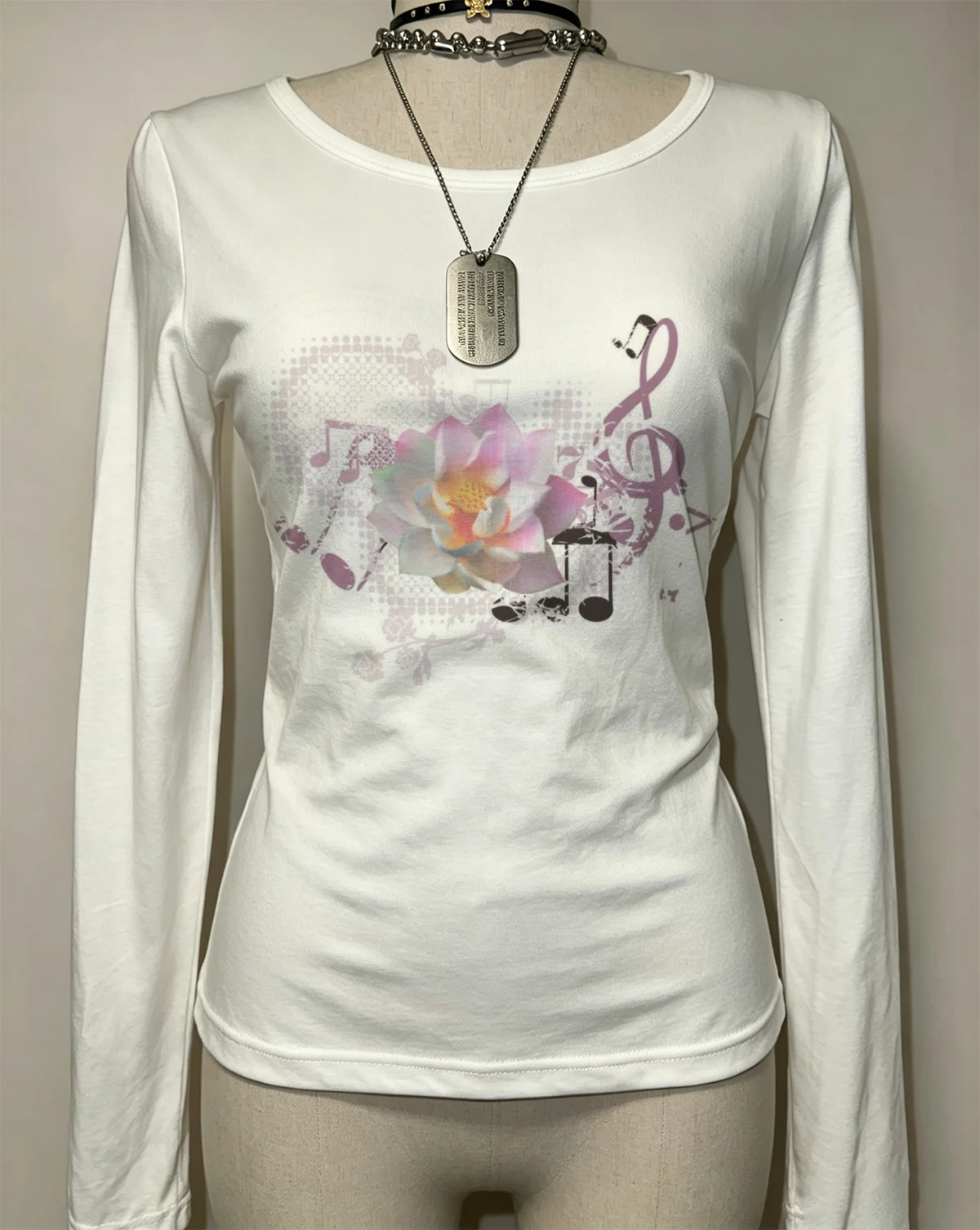 Women Y2K Aesthetic Lotus Music Note Print Long Sleeve T‑Shirt Vintage Floral Melody Graphic Tee Slim Fit Crop Casual Streetwear