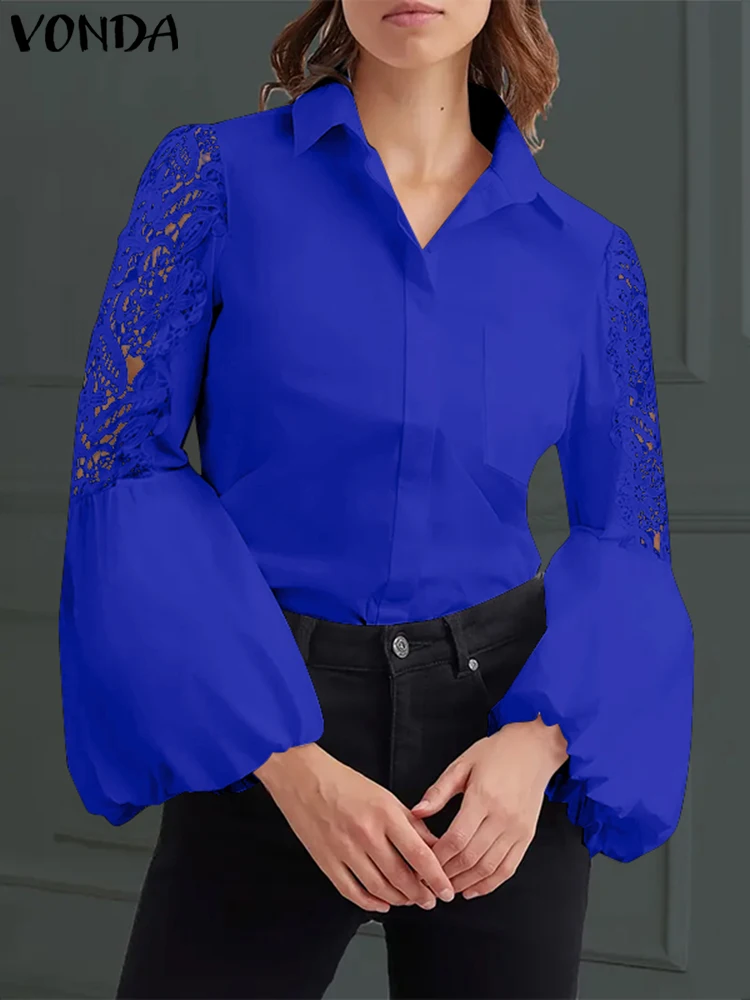 Plus Größe VONDA Frauen Spitze Patchwork Tops Shirts 2024 Casual Drehen Unten Kragen Langarm Aushöhlen Elegante Dame Büro bluse