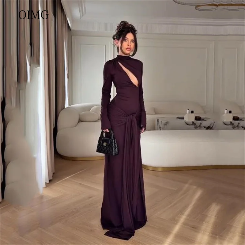 

OIMG Simple High Neck Mermaid Prom Gowns Long Sleeves Party Gown Floor Length Evening Dress vestidos de festa Customized