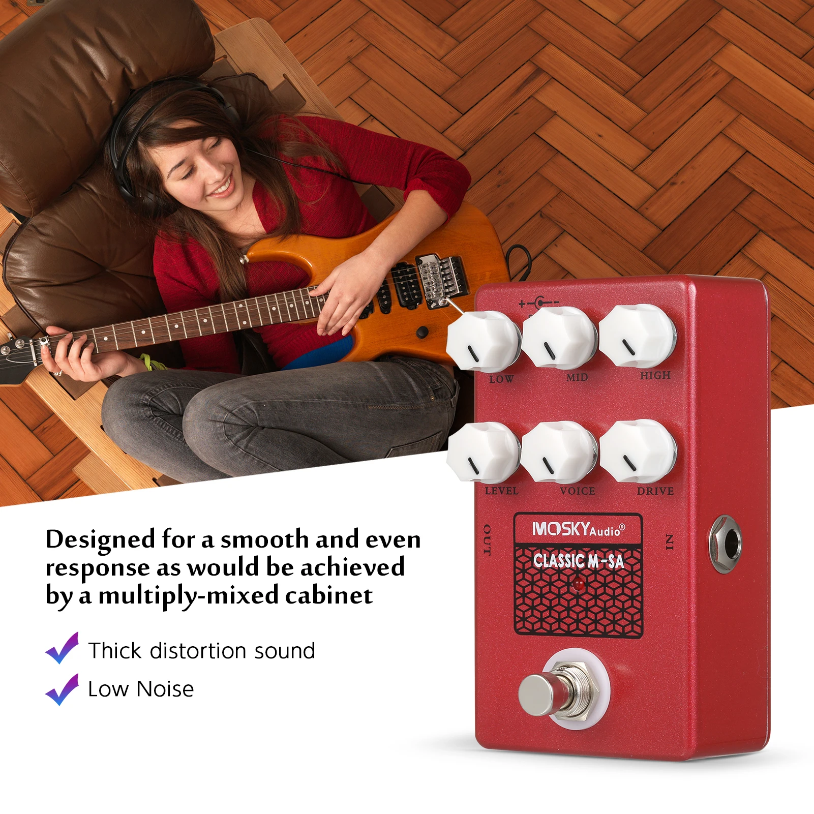 Moskyaudio M-Sa Speaker Simulation Guitar Tuner Pedal Drive Voice Control Effect Pedal with Low High Mid Level Adjustment