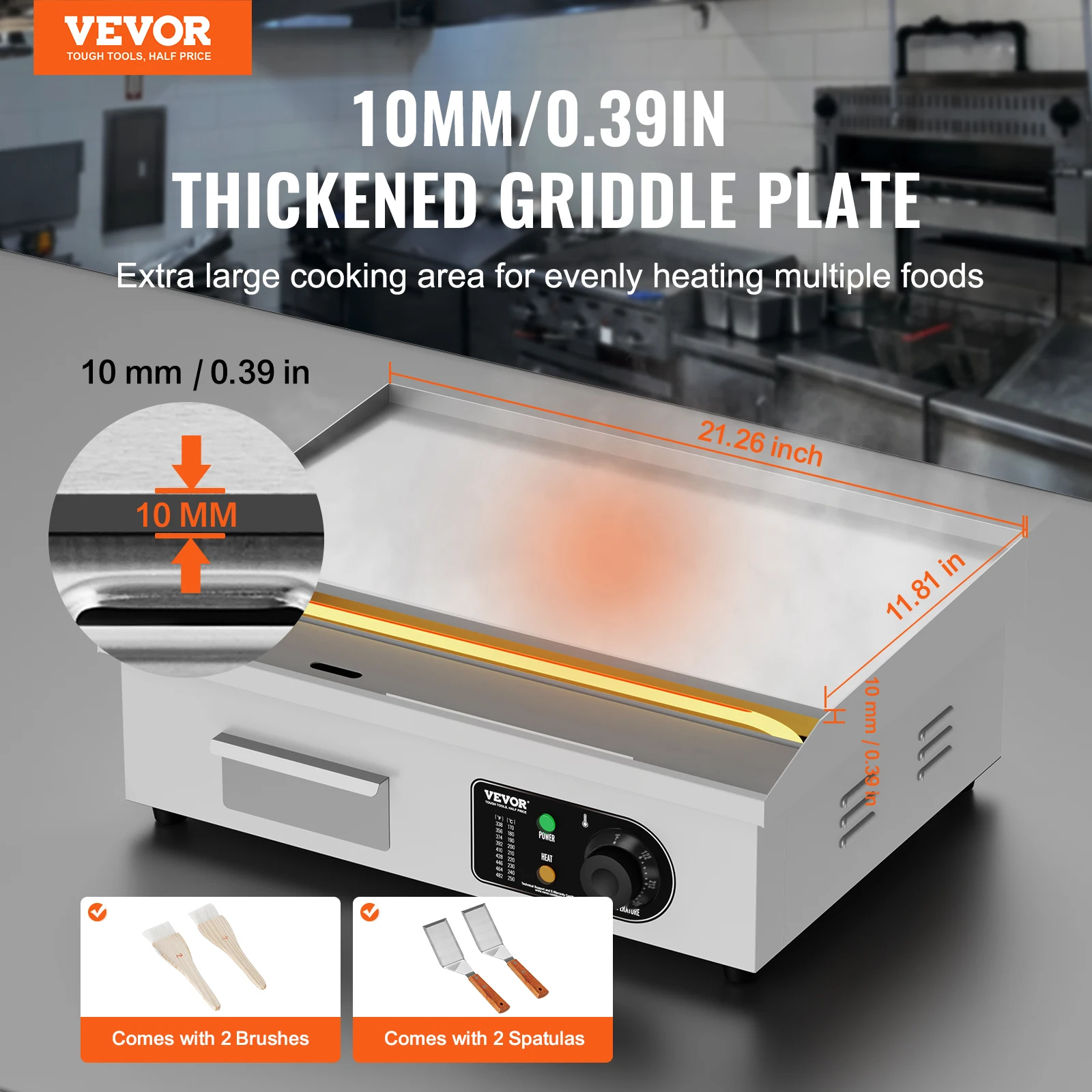 VEVOR Commercial Electric Griddle 3200W Countertop Flat Top Grill 122℉-572 ℉ Temp 21.26 x 11.81 x 0.39in for Home or Restaurant