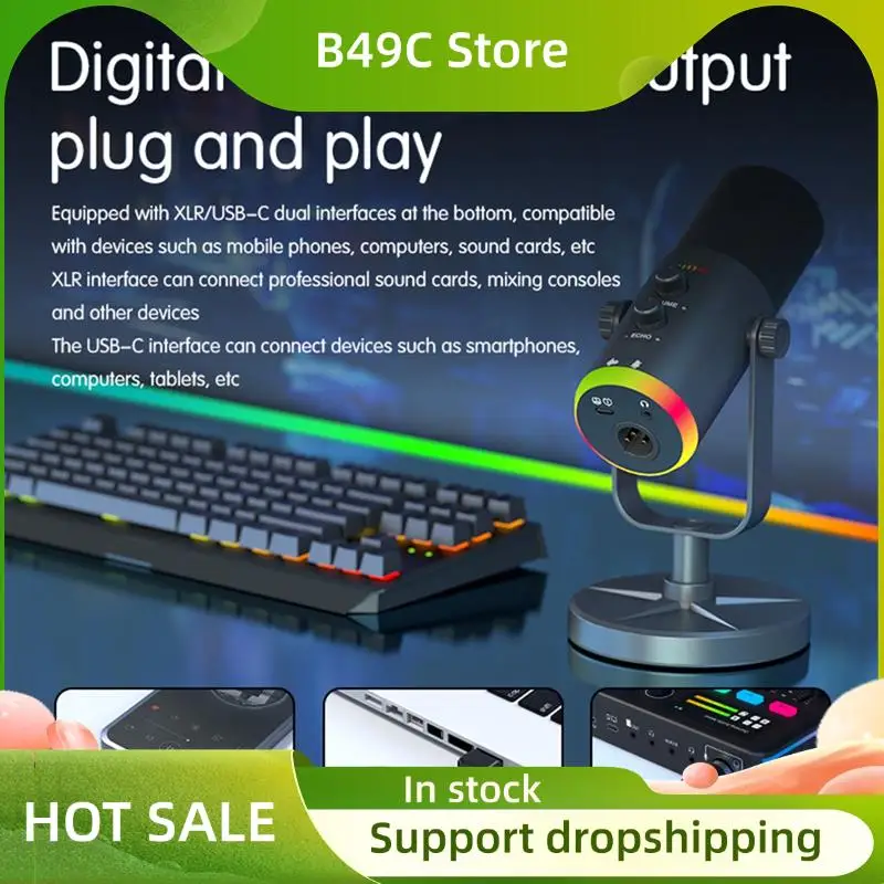 

B49C USB Dynamic Microphone RGB Gaming Microphone Computer Condenser MIC For Podcast Gaming Live Streaming